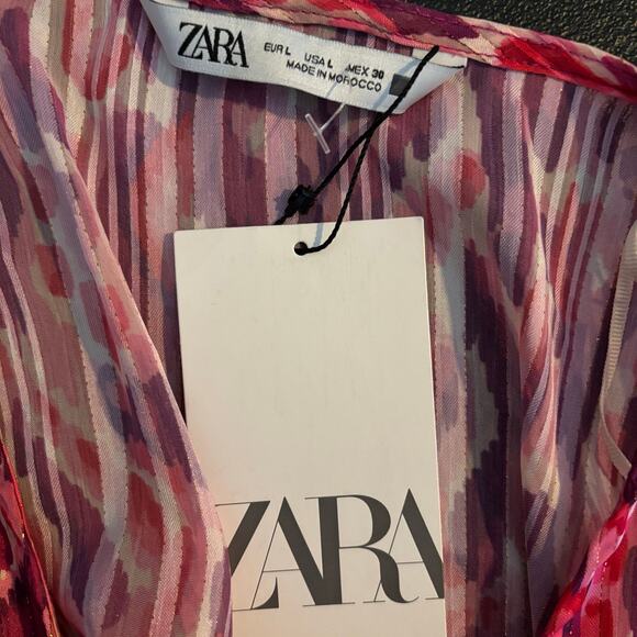 Zara Women's Dress Large Flounce Hem Elastic Waist Metallic Thread Printed Mini - Picture 3 of 9